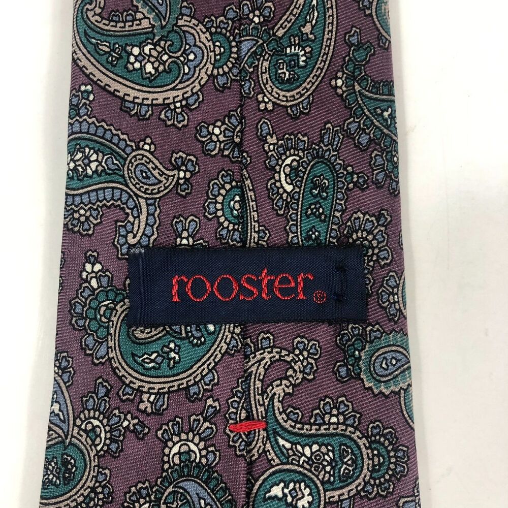 Vintage Rooster Silk Tie Paisley Purple Green Blue Made in USA Hand Printed Ital - Picture 4 of 6